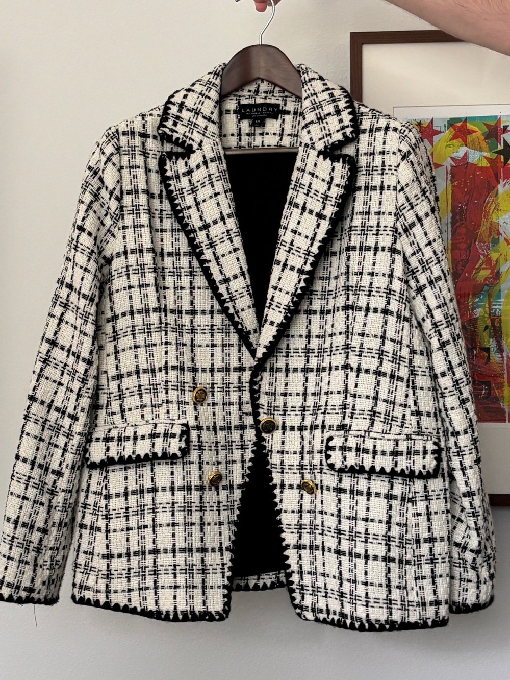Laundry By Shelli Segal Black and White Tweed Plaid Blazer